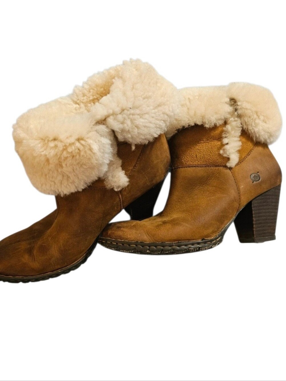 💕Vintage Born Donna Brown Leather Shearling-Cuff Ankle Booties💕